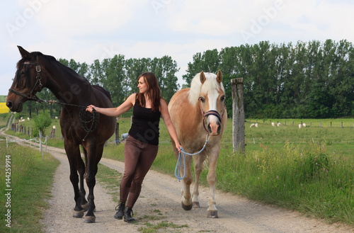 Cuadro en lienzo Young woman walking with  two horses