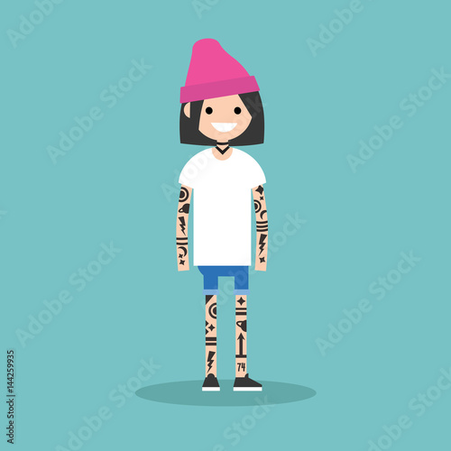 Young female character covered with a tattoo pattern. Subculture. Flat editable vector illustration, clip art