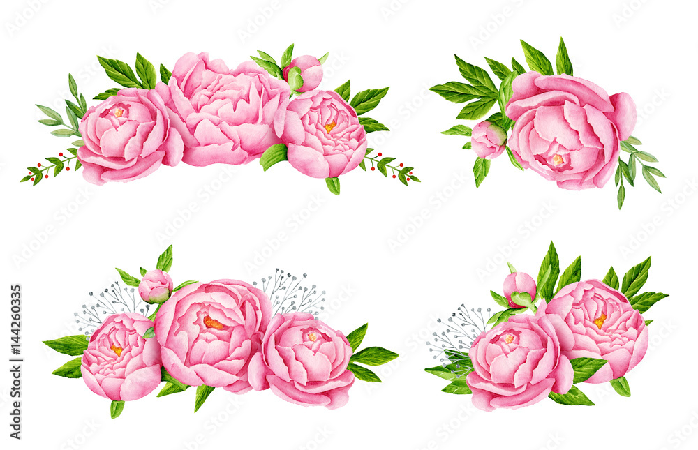 Peony flowers bouquets. Tender pink flowers. Wedding design. Watercolor illustration
