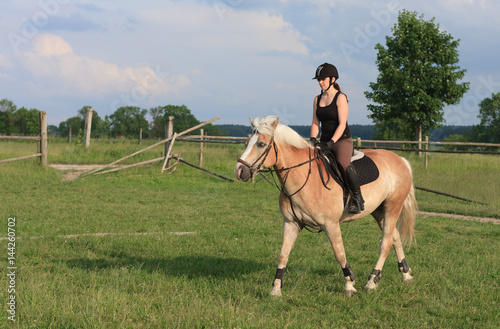 A young woman riding a horse Haflinger © patrikslezak