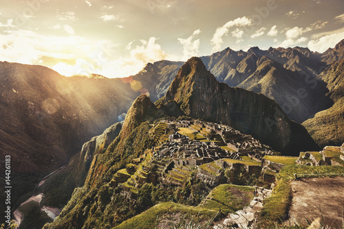 MACHU PICCHU, PERU - MAY 31, 2015: View of the ancient Inca City of Machu Picchu. The 15-th century Inca site.'Lost city of the Incas'. Ruins of the Machu Picchu sanctuary. UNESCO World Heritage site.