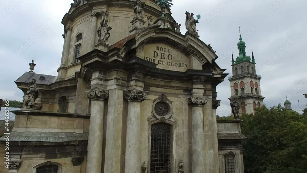 AERIAL flight over ancient church in Lviv. AERIAL flight over ancient church in Lviv.