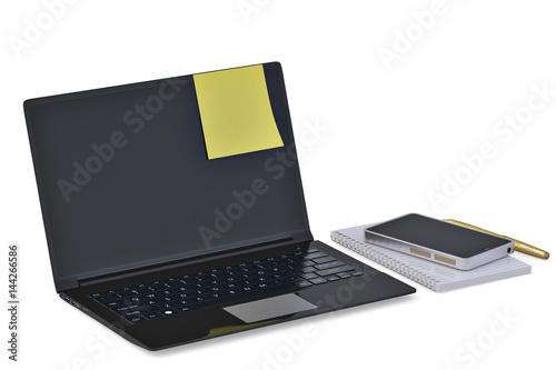 Laptop glasses stickers and notebook on white background.3D illustration.