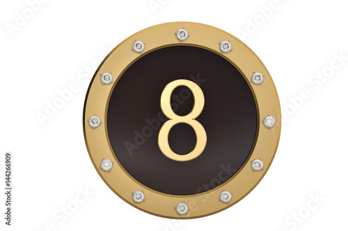 Golden and diamond framed with number 8 on white background.3D illustration. photo