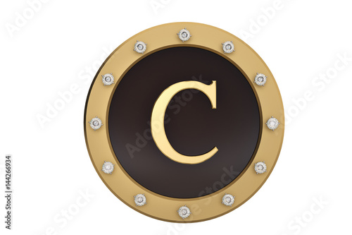 Golden and diamond framed with alphabet C on white background.3D illustration. photo