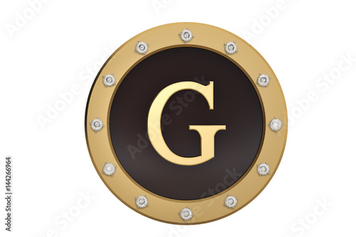 Golden and diamond framed with alphabet G on white background.3D illustration.