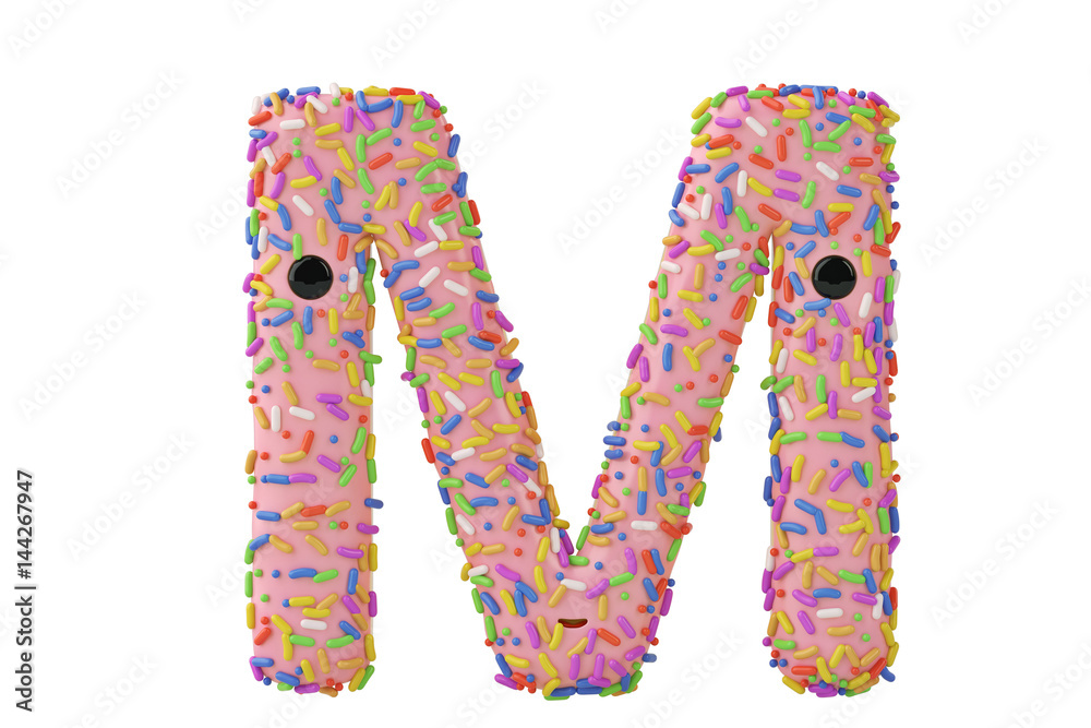 A cartoon donut alphabet letter m on white background,3D illustration.