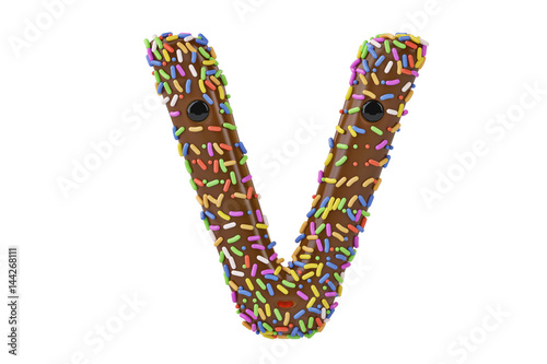 A cartoon donut alphabet letter v on white background,3D illustration.