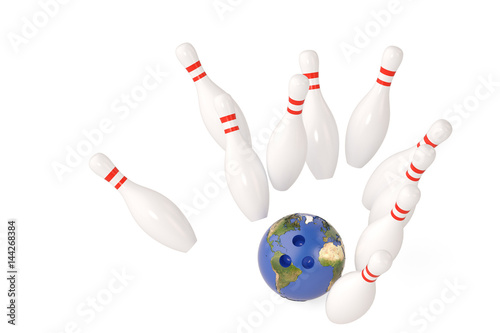 Planet bowling ball and scattered skittle.3D illustration.