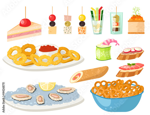 Various meat canape snacks appetizer fish and cheese banquet snacks on platter vector illustration.