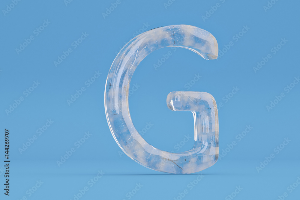 Ice alphabet G on blue background include path.3D illustration.