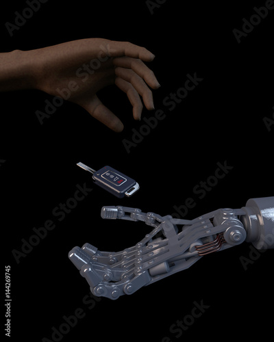 3D illustration of an african human hand giving a modern car key to a robotic hand. Futuristic vehicle driver assist concept. © pixone3d