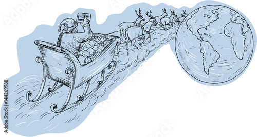 Santa Claus Sleigh Reindeer Gifts Around the World Drawing