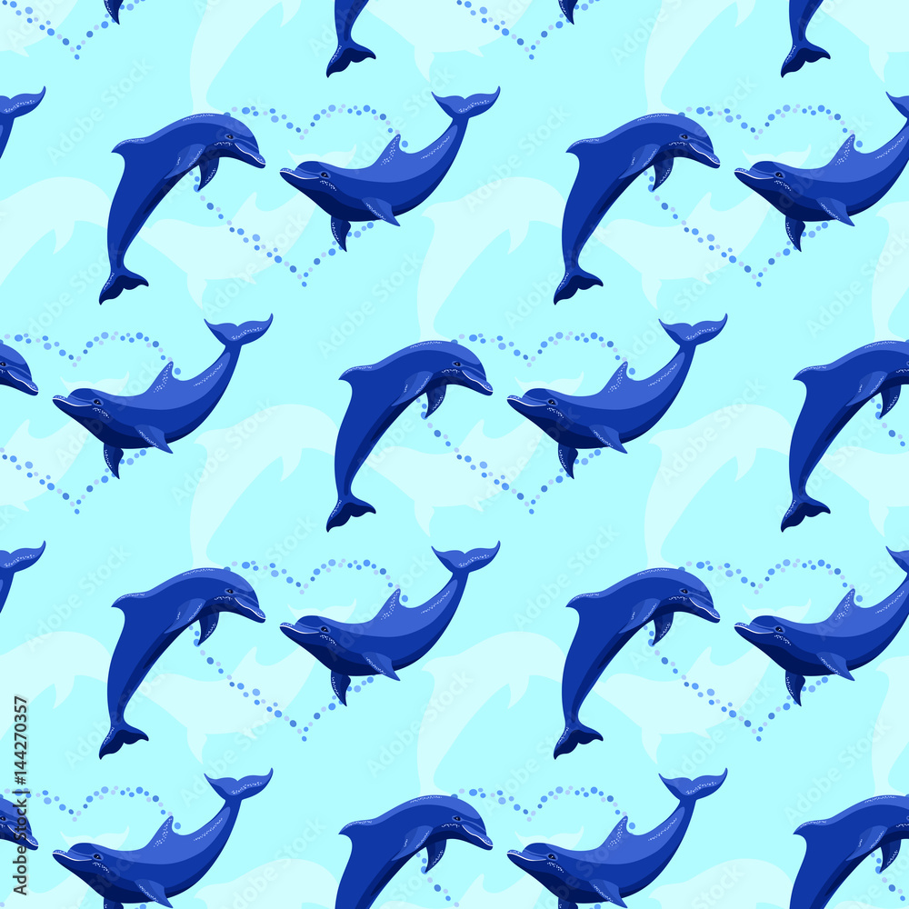 Fototapeta premium Seamless pattern with dolphins couple in the sea. Vector endless backround for surface texture, wrapping, wallpaper or web pages.