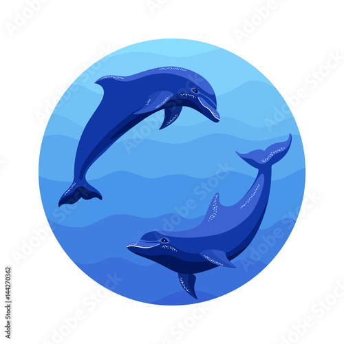 Round icon with two dolphins in the sea. Vector illustration. Place for your text.