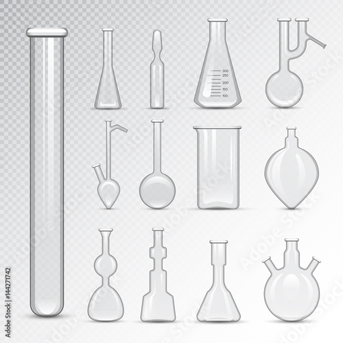 Chemical laboratory 3d lab flask glassware tube liquid biotechnology analysis and medical scientific equipment vector illustration.