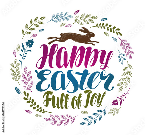 Happy Easter  greeting card. Beautiful handwritten lettering with floral ornament. Vector illustration