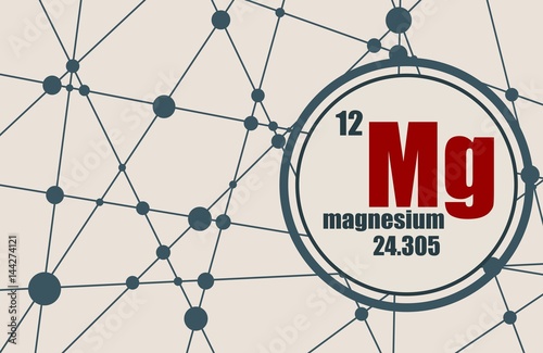 Magnesium chemical element. Sign with atomic number and atomic weight. Chemical element of periodic table. Molecule And Communication Background. Connected lines with dots.