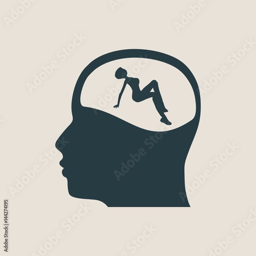 Fototapeta Naklejka Na Ścianę i Meble -  The relationships between men and women. Silhouette of the young posing lady inside the head of a man. Love theme. Man thinking about woman