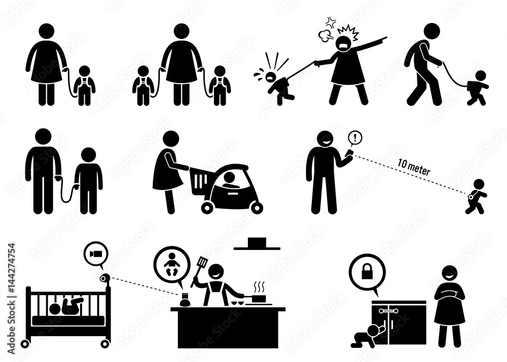 Child Safety and Monitor Equipment. Artwork depicts parent using child leash, children shopping cart, distance monitor, baby monitoring wireless IP camera, and cabinet locker. Child Safety and Monitor Equipment. Artwork depicts parent using child leash, children shopping cart, distance monitor, baby monitoring wireless IP camera, and cabinet locker.