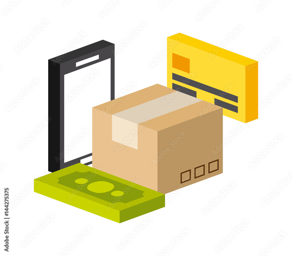 smartphone and carton box isometric icon over white background. colorful design. vector illustration