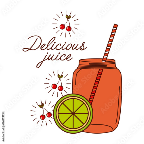 delicious cherry juice glass and fruit icon over white background. colorful design. vector illustration