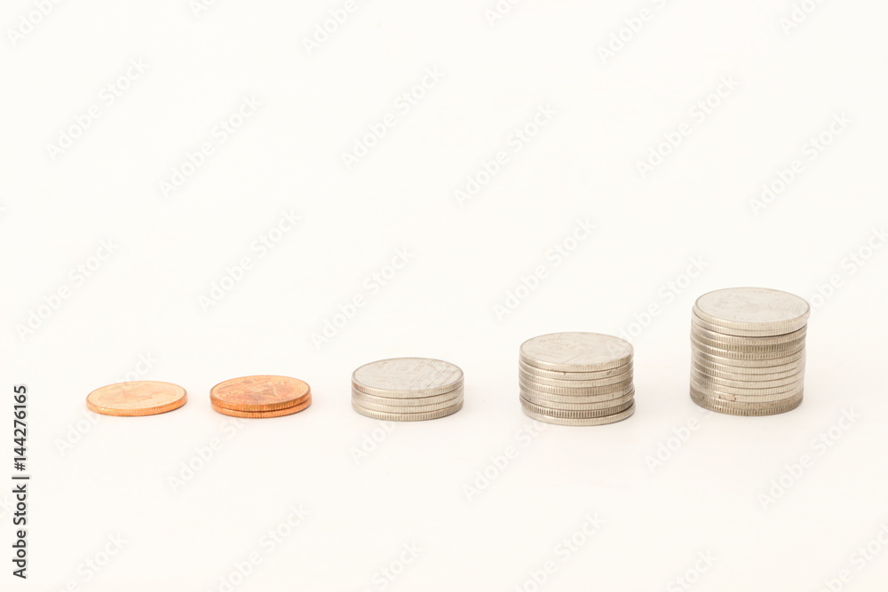 Sort the coins ascending on a white background. Sort the coins ascending on a white background.