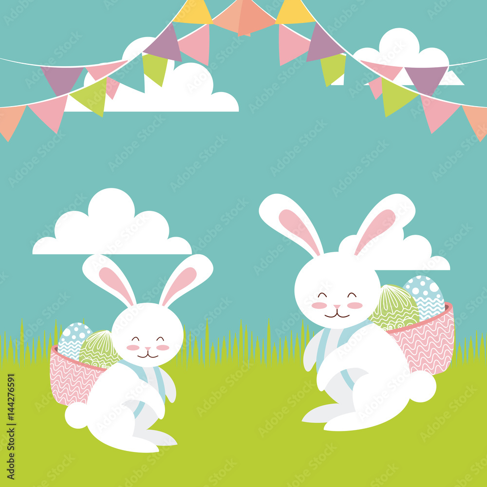 rabbits and easter eggs over blue background. colorful design. vector illustration