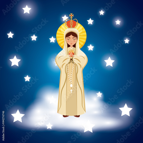 virgin mary icon over blue background and stars around. colorful design. vector illustration