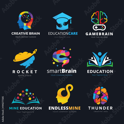 Brain logo and Creative learning icon set. Vector illustrations 