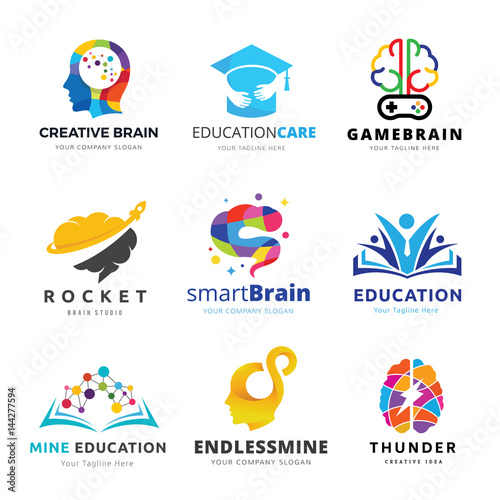 Brain logo and Creative learning icon set. Vector illustrations 
