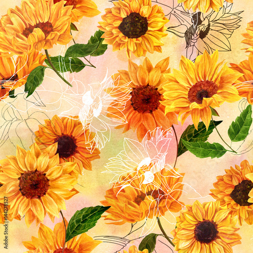 Seamless pattern with hand drawn watercolor sunflowers