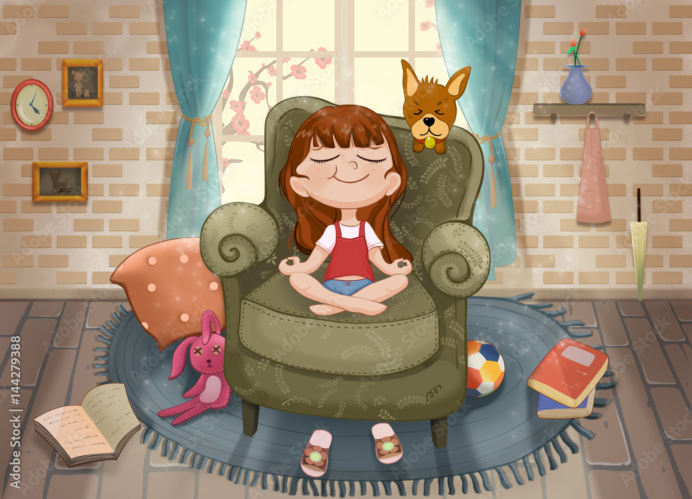 Cute Little Girl and Her Dog in the Living Room. Video Game's Digital CG  Artwork, Concept Illustration, Realistic Cartoon Style Background Stock  Illustration | Adobe Stock
