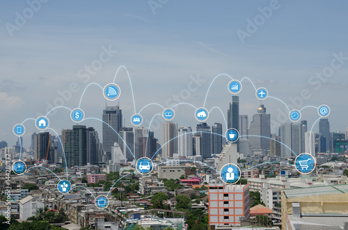 internet of things (IOTs) over modern city for technology background