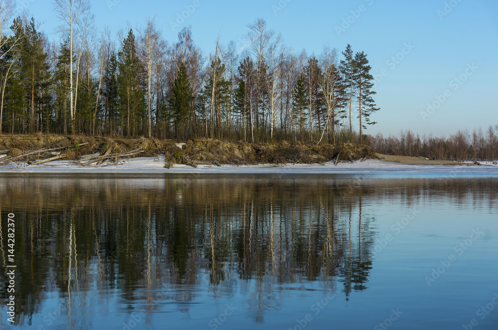Island in the snow reflected in the water. Spring landscape on the bank of the river Ob.