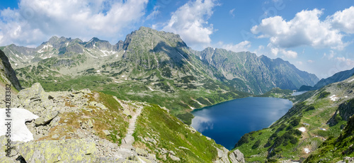 Panorama of the mountain valley with two lakes
