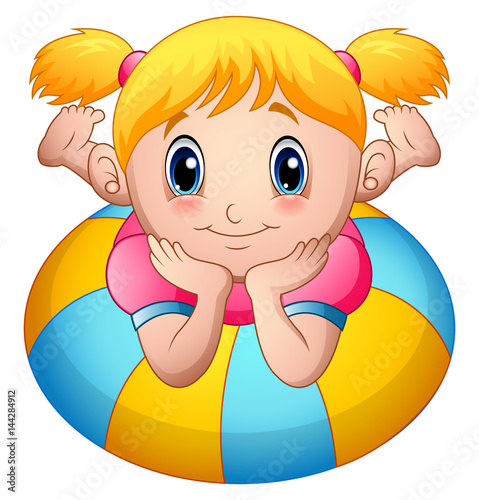 Little girl cartoon lay down above an inflatable ring