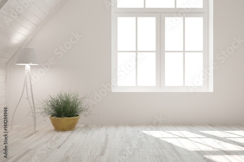 White empty room with flower. Scandinavian interior design. 3D illustration
