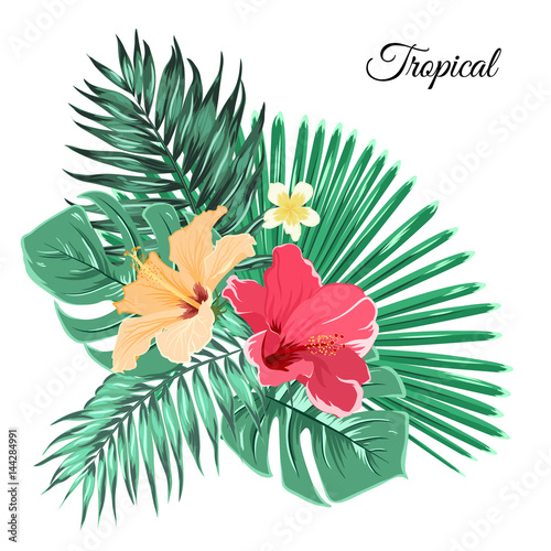 Bouquet of colorful exotic flowers and green tropical jungle leaves. Bright hibiscus plumeria bloom blossom composition arrangement. Isolated editable floral foliage element on white background.