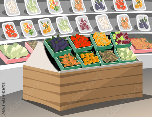 Vegetables shop. Fresh healthy vegetables in supermarket store. Vegetable shelf