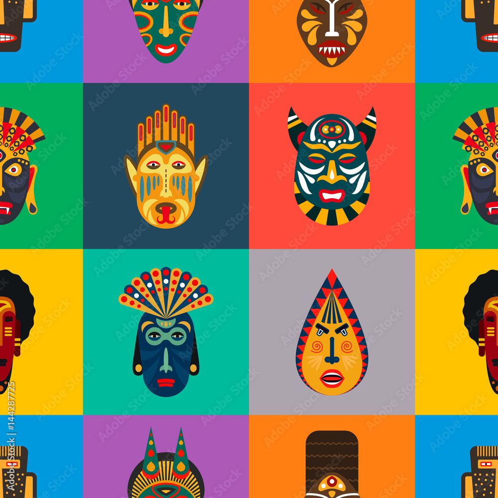 Seamless pattern of ethnic masks in flat style. EPS10 vector background of african tribal masks. Seamless pattern of ethnic masks in flat style. EPS10 vector background of african tribal masks.