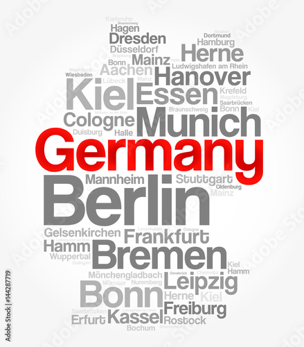 List of cities and towns in GERMANY, map word cloud collage, business and travel concept background