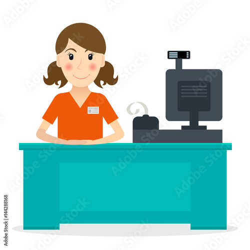 Female cashier at workplace in flat style. Vector illustration of smiling woman at the cashier desk.