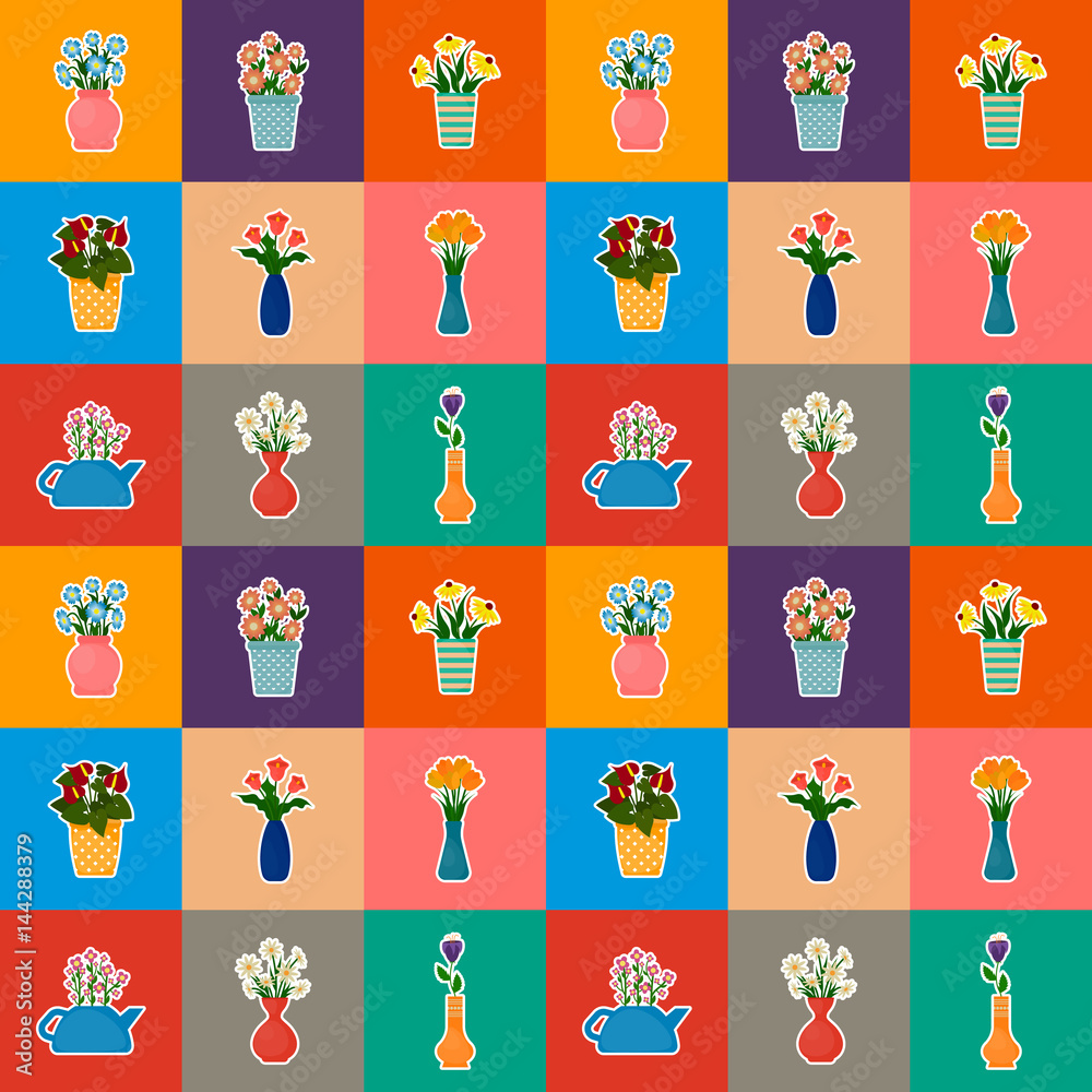 Houseplants in flowerpots seamless pattern. Flowers in pots and vases background. EPS10 vector illustration in flat style.