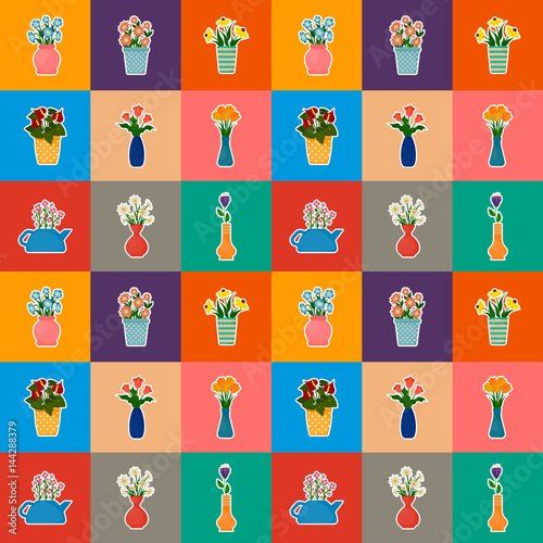 Houseplants in flowerpots seamless pattern. Flowers in pots and vases background. EPS10 vector illustration in flat style.