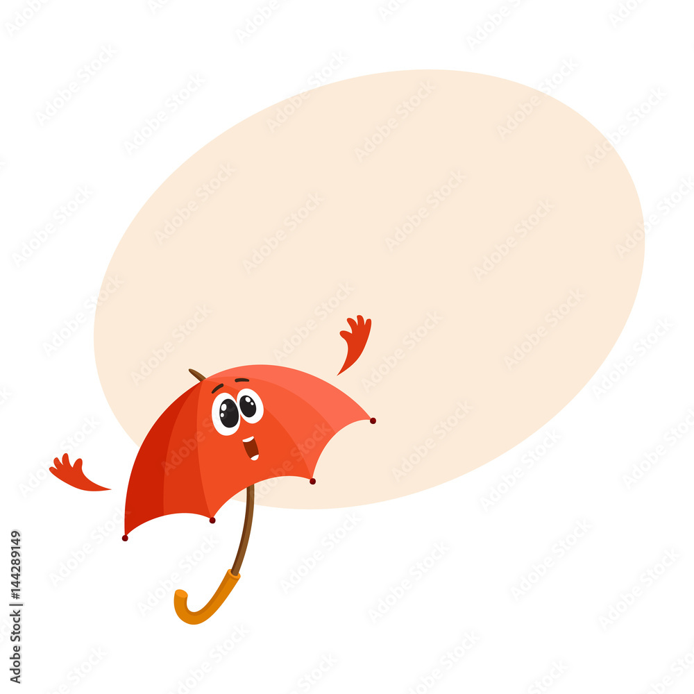 Cute and funny open red umbrella character with smiling human face