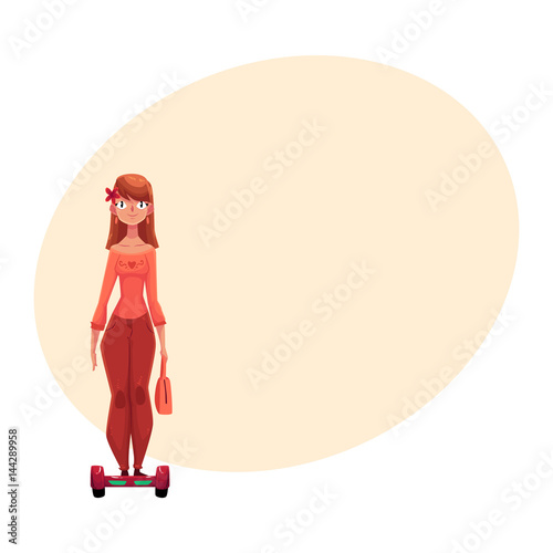 Young pretty girl, woman riding self-balancing board, gyro scooter, cartoon vector illustration with space for text. Girl riding, using hoverboard, self-balancing scooter, personal transport