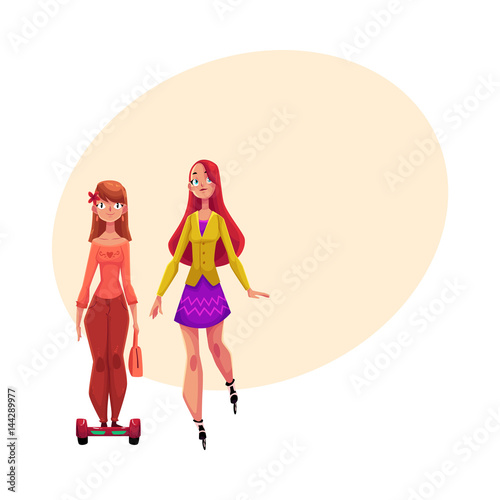 Two pretty girls, women, one roller skating, another riding gyro scooter, personal urban transport, cartoon vector illustration with space for text. Girls riding push scooter, roller skating