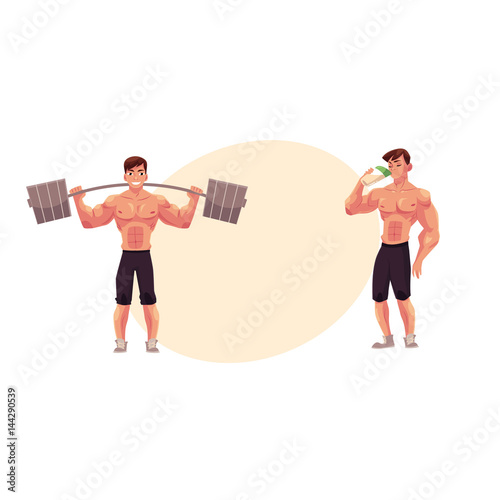 Man bodybuilder working out with barbell and drinking protein shake after training  cartoon vector illustration with space for text. Male bodybuilder with barbell and drinking protein