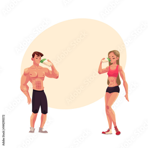 Man and woman bodybuilders, weightlifters drinking protein shake after training, cartoon vector illustration with space for text. Full length portrait of man and woman drinking protein